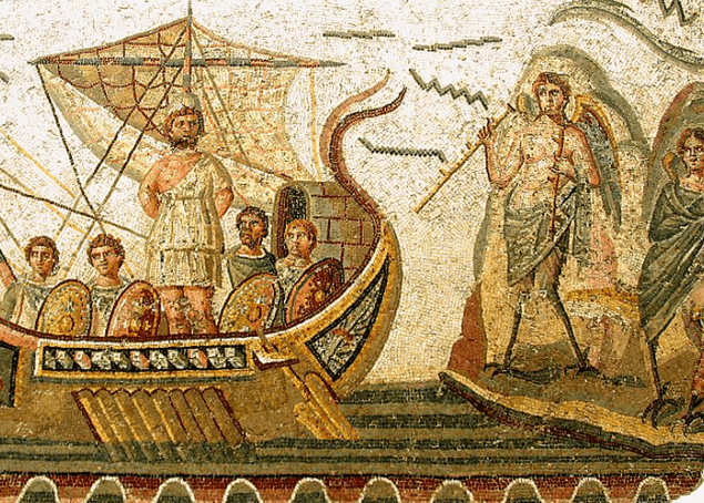 Odysseus travels back home to Ithaca - 2nd century AD mosaic in Tunisia