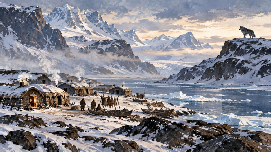 The Solitary Amarok Beyond an Arctic Settlement
