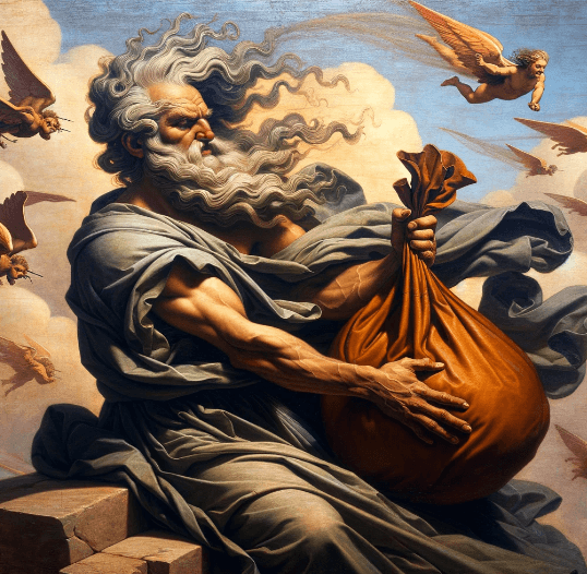 Aeolus gifting the winds to Odysseus