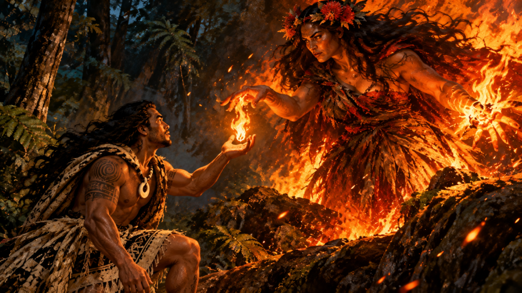 Māui Confronts Mahuika the Goddess of Fire