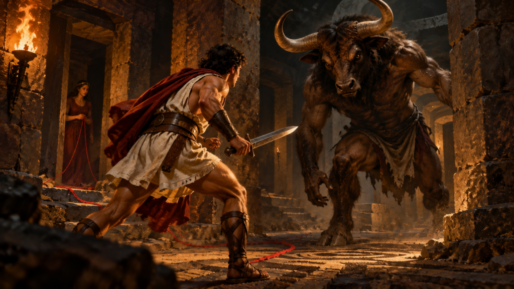 Theseus Confronts the Minotaur in the Labyrinth